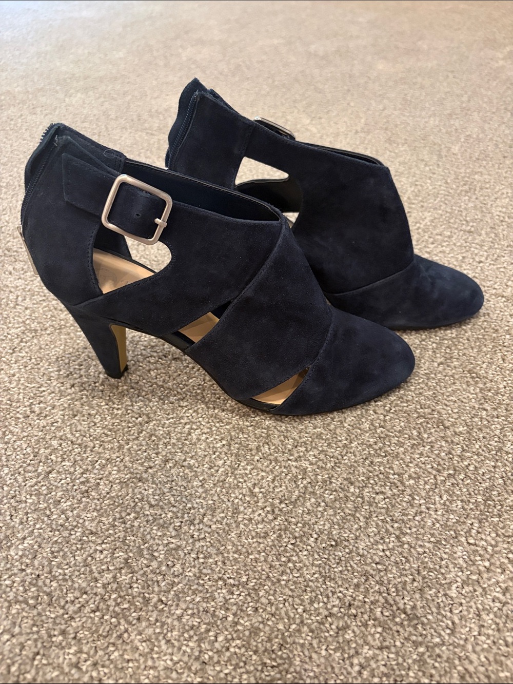 Bella Vita Navy Suede Cutout Buckle Heel Booties